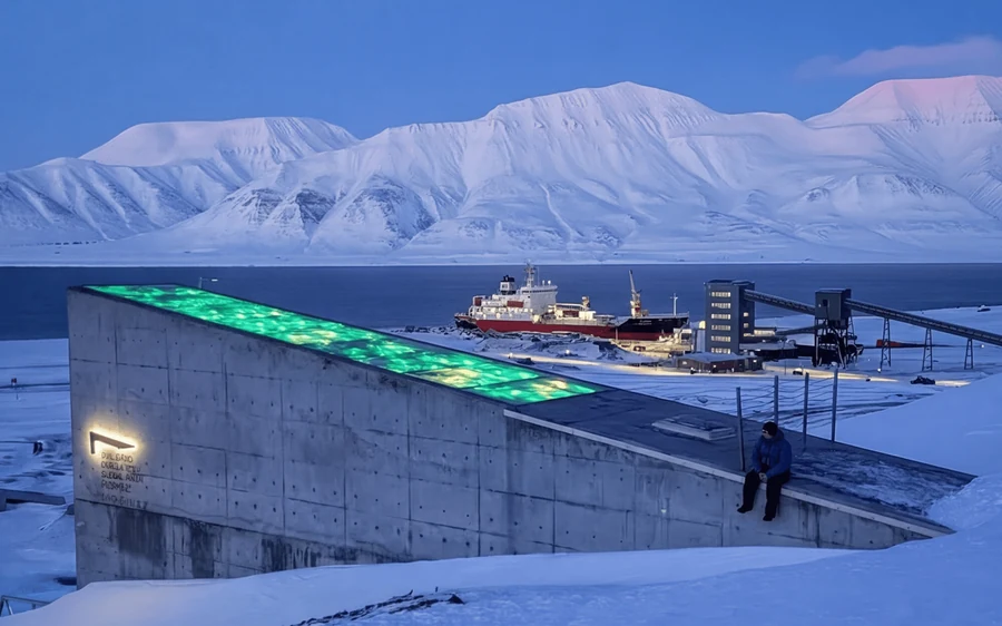 The green-lit roof of the Seed Vault above the fjord with a ship and snowy mountains behind